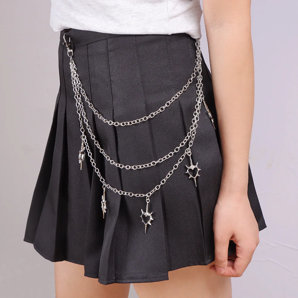 Fashion Metal Thorn Heart Pendant Pants Chain for Women Punk Silver Color Geometric Love Multi Layer Body Chain Jewelry Gifts