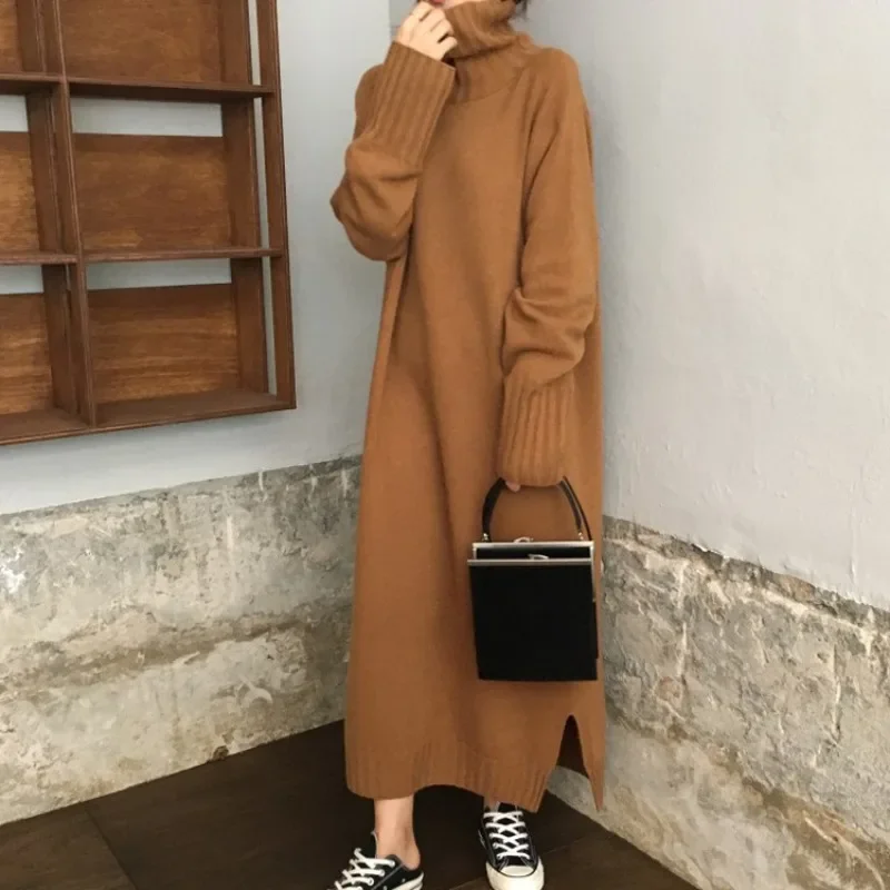 Oversized Sweater Loose Chill Long Kintted Dress Winter Cozy Office Lady