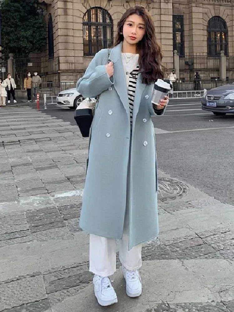 Fashion Long Coat Women Lace Up Full Sleeve Lapel Causal Female Midi Jacket 2024 Spring  Faux Woolen Loose Solid Lady Outwear