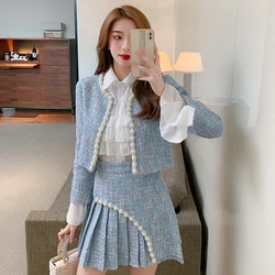 Fashion Leisure Suit Women's Spring  Autumn 2025 New Tweed Coat+Pleated Skirt Two-Piece Female Korean Loose Long-Sleeved Suits