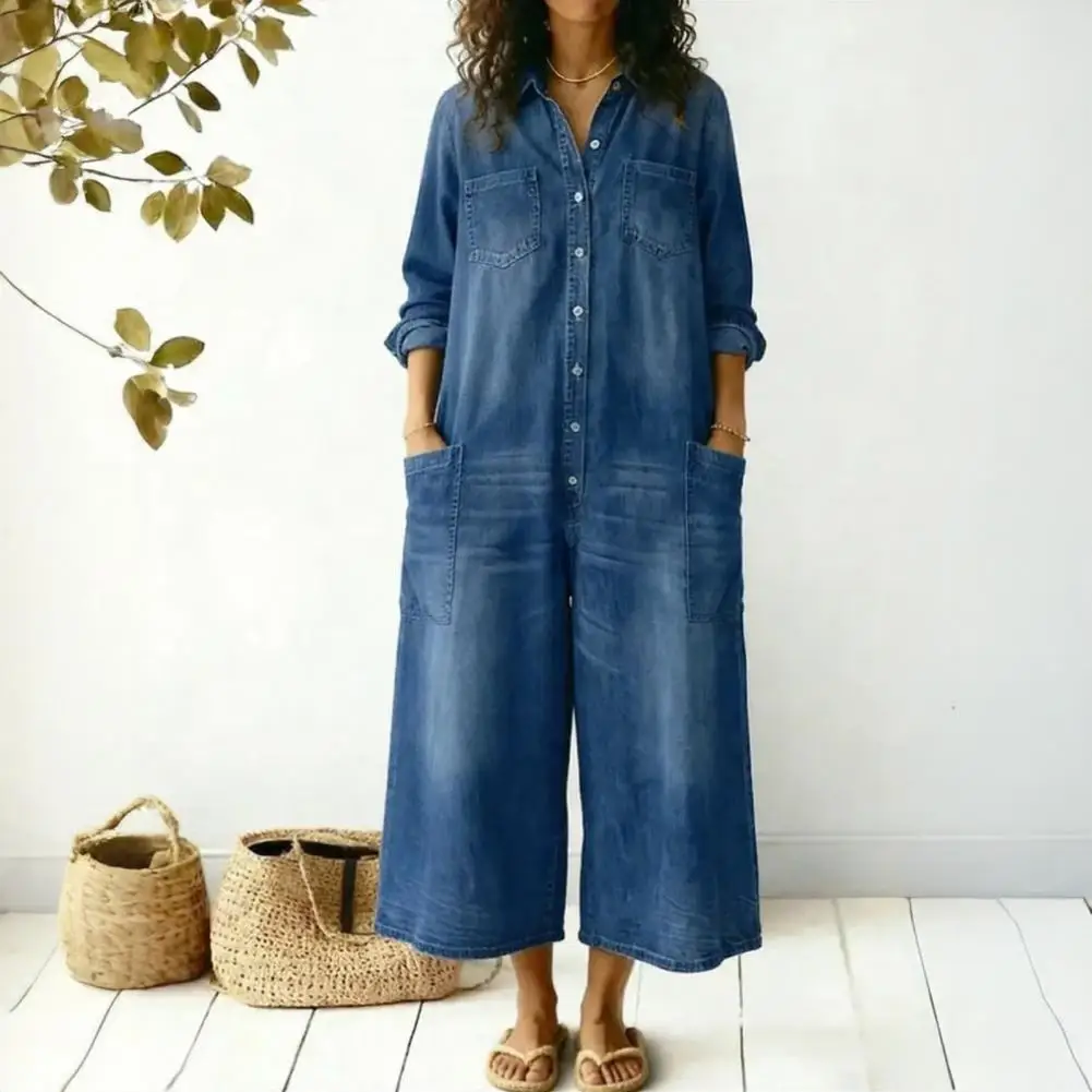 Women's Oversized Denim Jumpsuit Long Sleeve Button Front Long Jeans Romper One Piece Wide Leg Overalls with Pockets