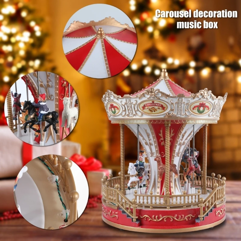 Musical Christmas Whirligig Horses Decorative Ornament LED Light Up Rotating Figurines for Seasonal Holiday Party Decors