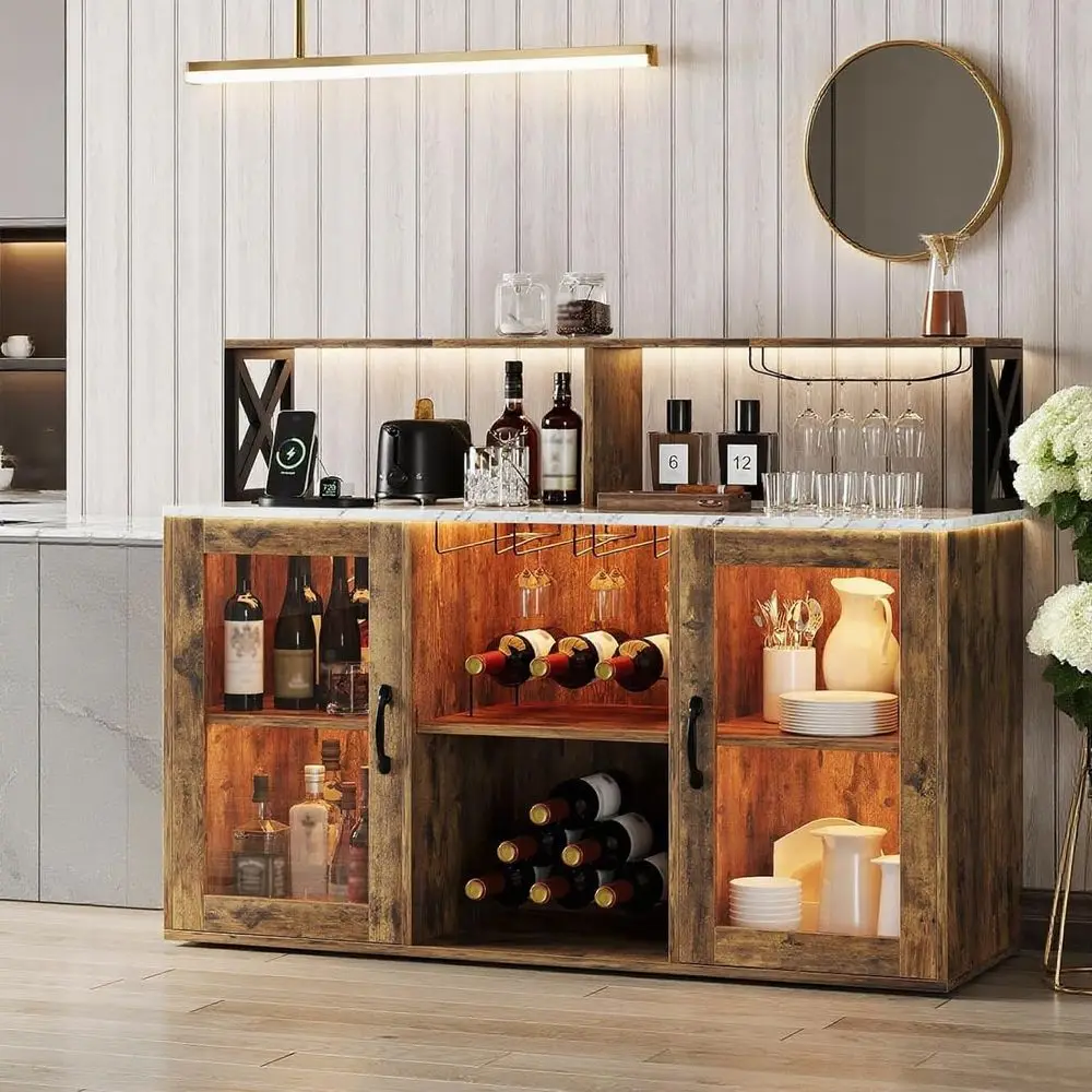 

LED-Illuminated Wine & Glass Rack Cabinet with Coffee Bar Storage, USB Ports, for Living Room & Dining Area, Brown