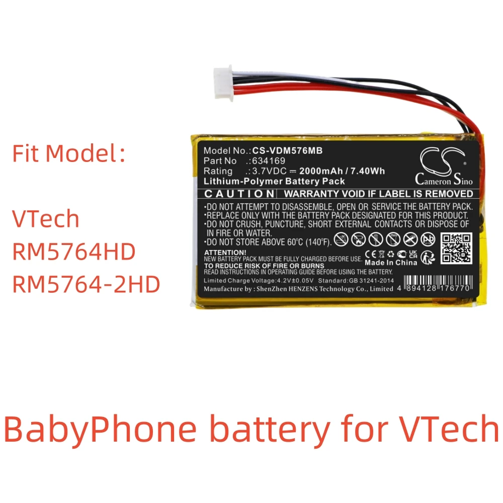 

CS Li-Polymer BabyPhone battery for VTech,3.7V,2000mAh,RM5764HD RM5764-2HD,634169