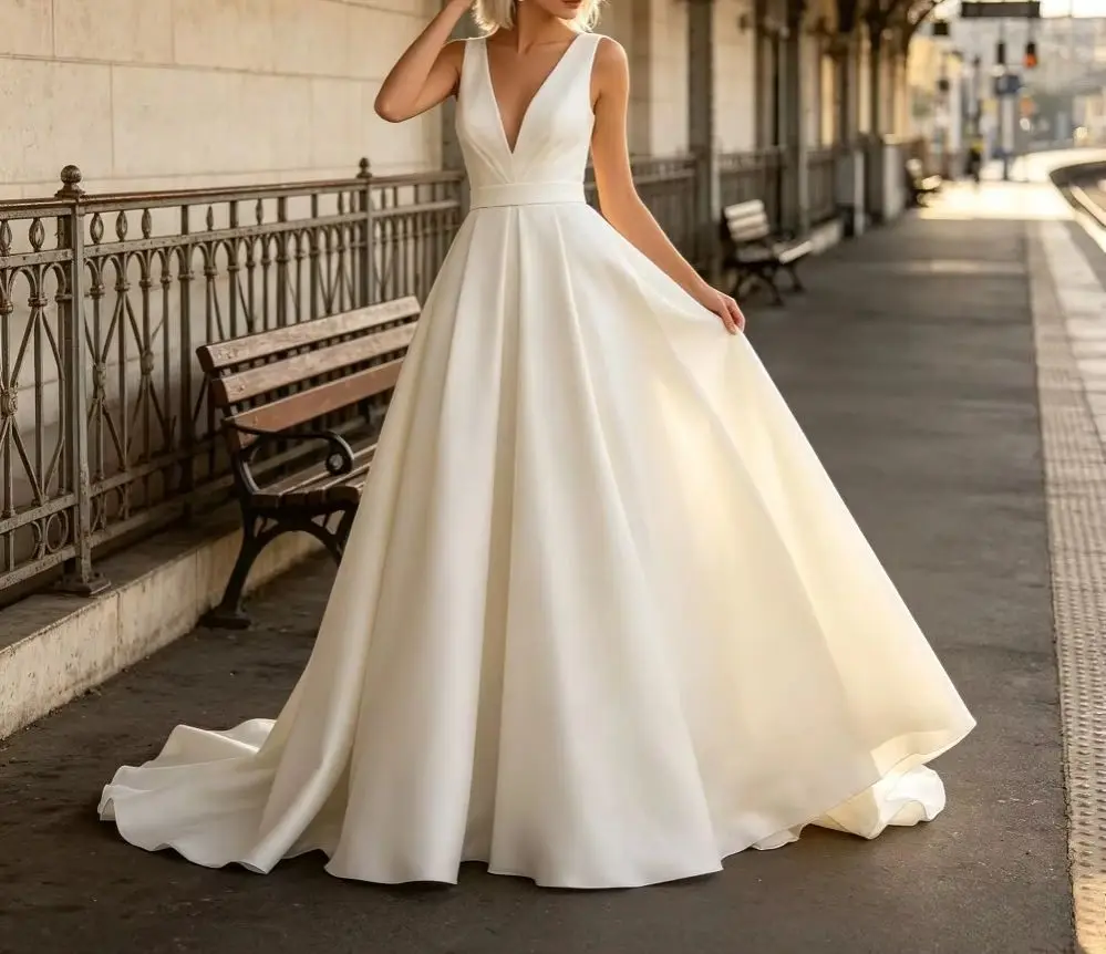 Customized Sleeveless Deep V-neck Satin A-line Wedding Dress Simple Waist Cinched Pleated Bridal Gown Suitable for The Beach