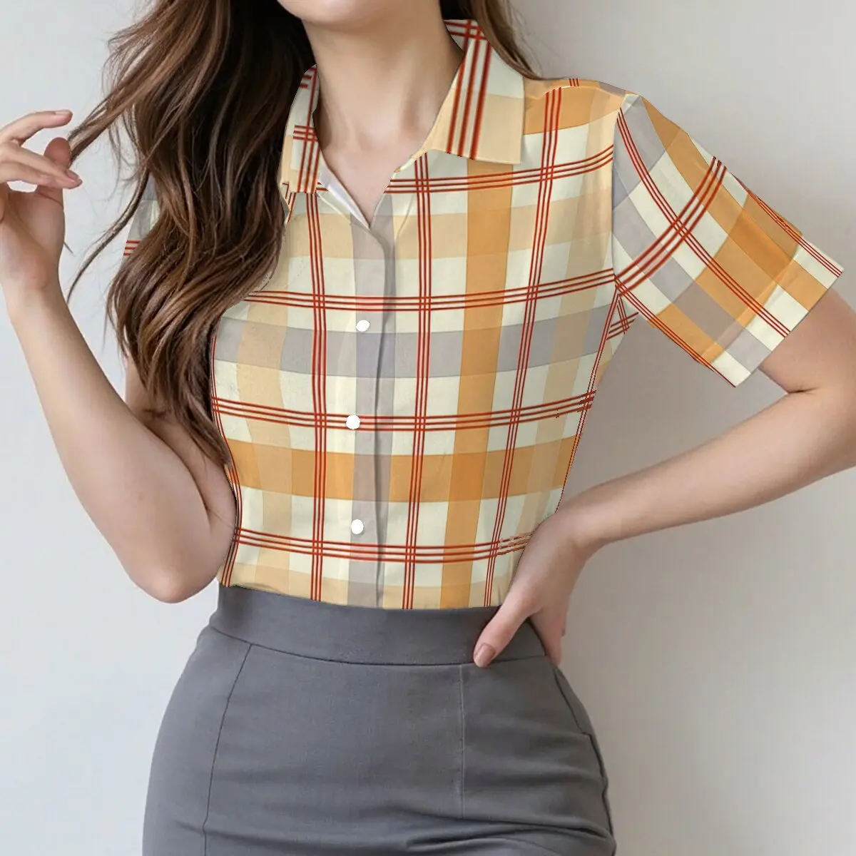 

Women's summer short-sleeve shirt, retro plaid casual style, simple and exquisite street fashion, practical for workplace social