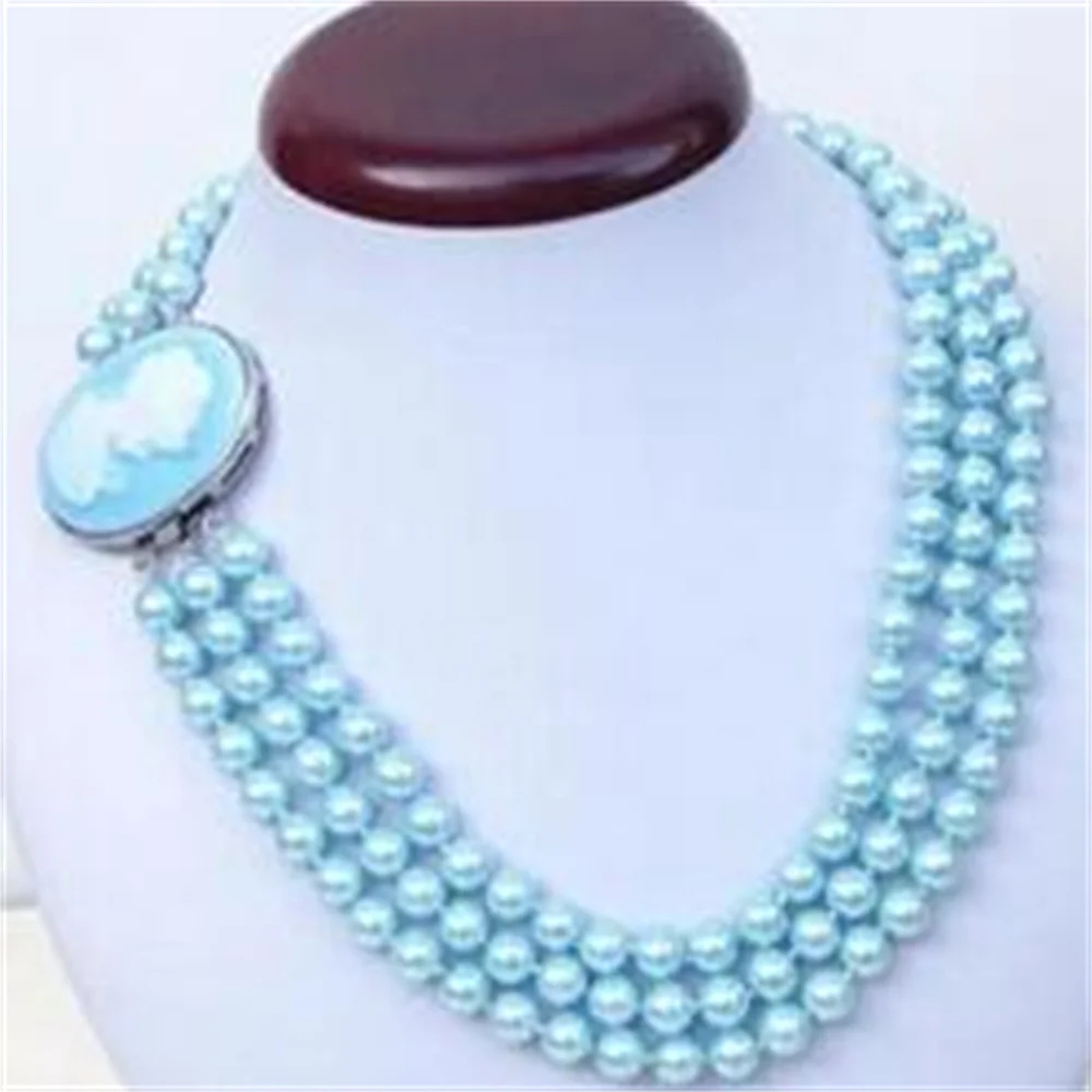 Sea 17" row natural necklace Beautiful 8mm 3 pearl Blue