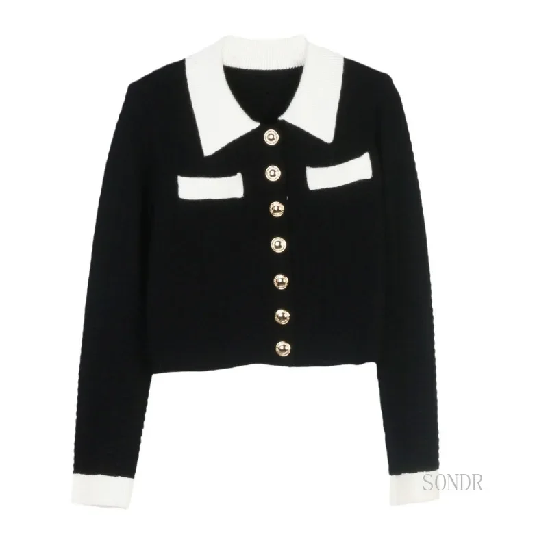 Celebrity Cardigan Crop Top Women Black Knitted Cardigan with White Lapel Korean Fashion Short Sweater Jacket Sueters De Mujer