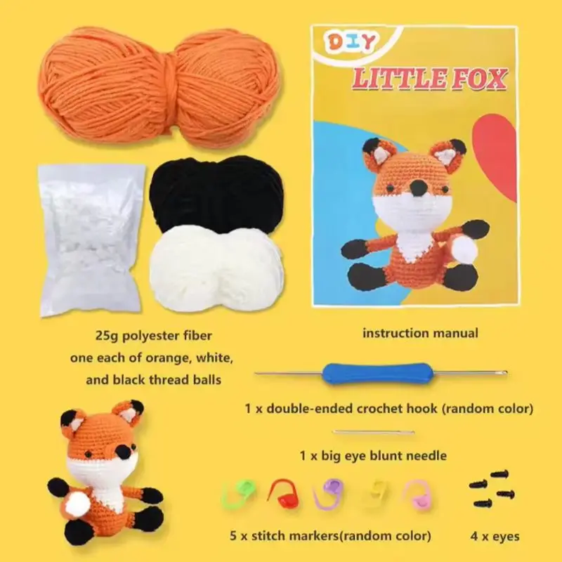 Boneka liontin buatan tangan DIY pemula Crochet Kit rajut kartun Fox hewan benang wol Crochet bahan aksesoris Set