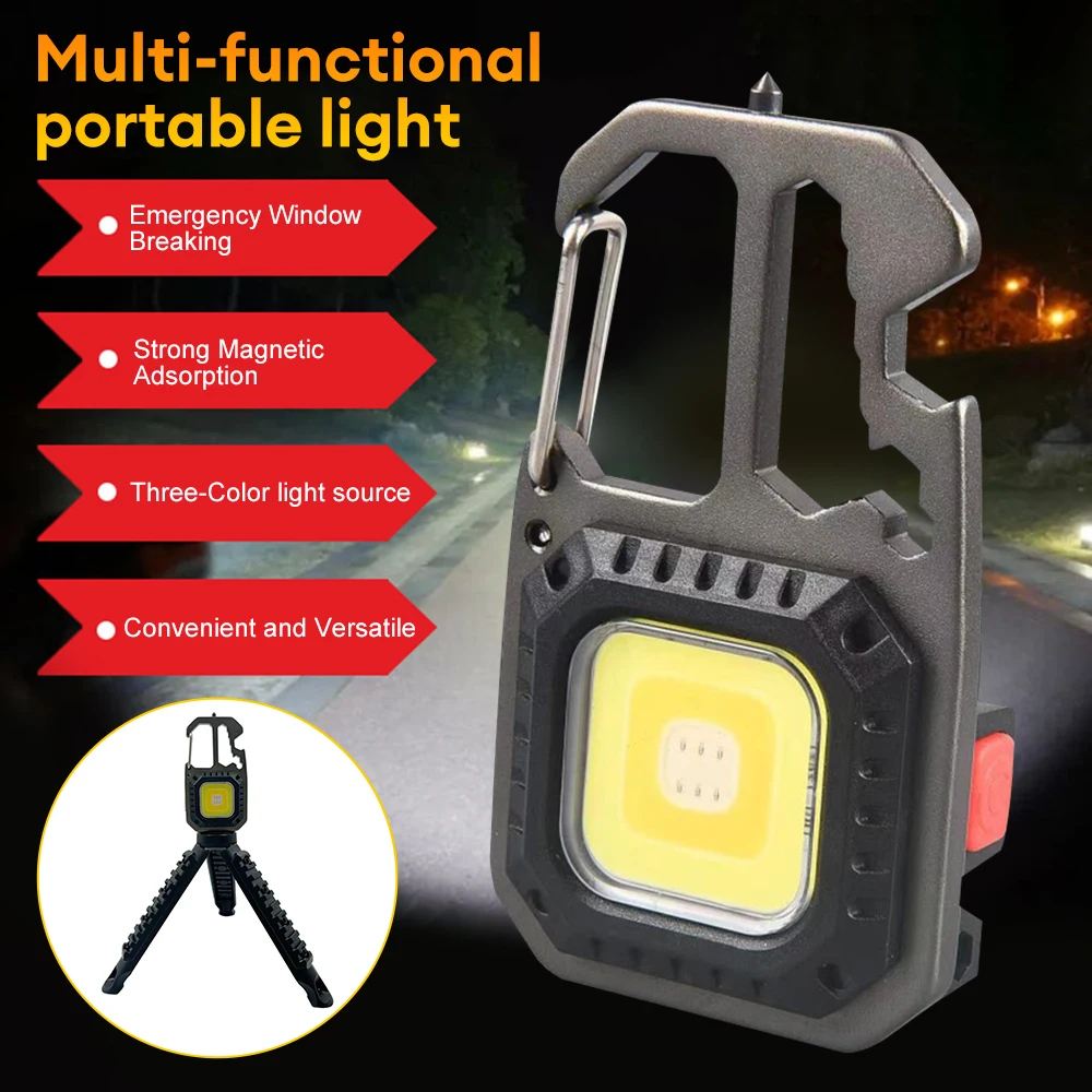 LED Portable Keychain Flashlight Outdoor Camping COB Work Light Emergency Lighting With Window Hammer Bottle Opener Lamps