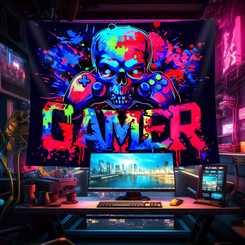 VIKAMA Colorful Skull Gamer Tapestry with Game Controller Graffiti for Bedroom Living Room Decor Aesthetic Edgy Gaming Wall Art