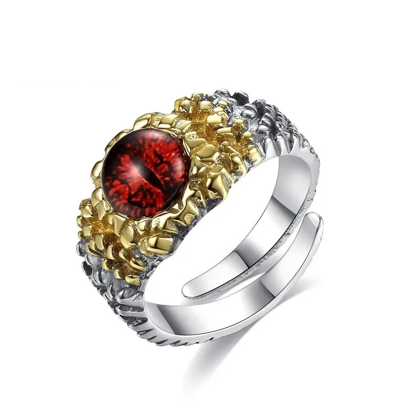 Thai Silver 925 Mens Rings Vintage Punk Style Hip Hop Pythons Snake Eye Unique Crafts Red Ring Opening Adjustable Fine Jewelry