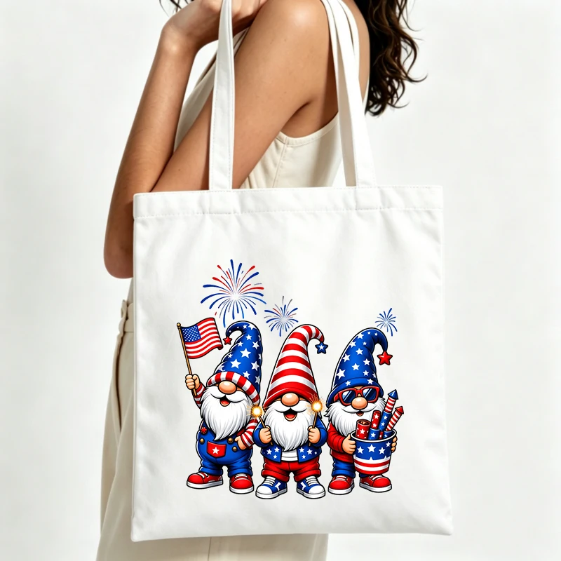 patriotic gnome graphic canvas tote bag, casual style for 4th of July celebrations and summer outings