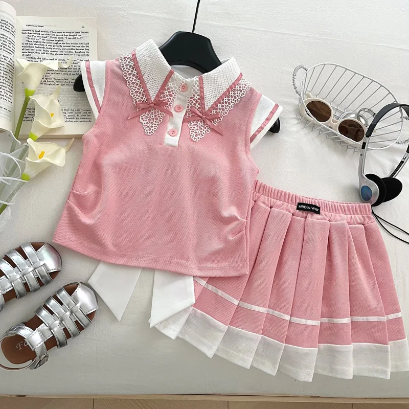 

New Summer Girls' Outfit with Stylish Lace TrimpoloOff-the-shoulder bow-tie top and pleated skirt outfit
