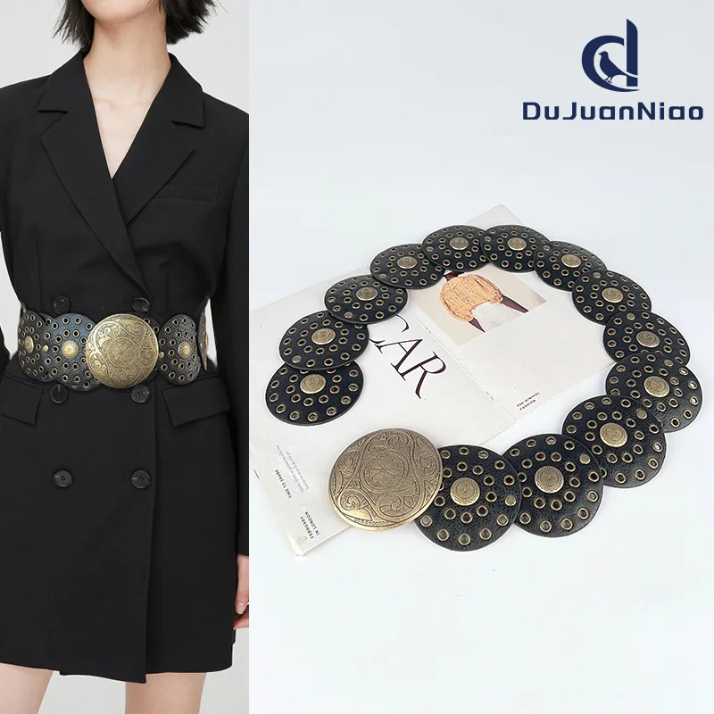 Rivet Hole Wide Cow  Leather Waistbands Women Luxury Personalized Circular Link Waist Belts Cowhide Corsets Brand Ceinture Homme