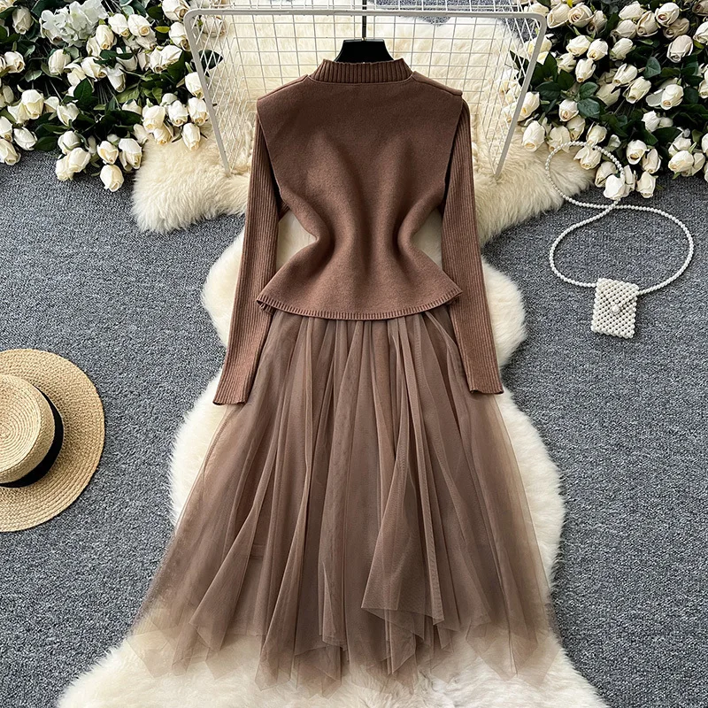 EWQ Solid 2 Piece Set Women 2024 Autumn New Knitted Mesh Spliced Stand Collar Long Sleeve Dress＋v-neck Sleeveless Vest 27X1134