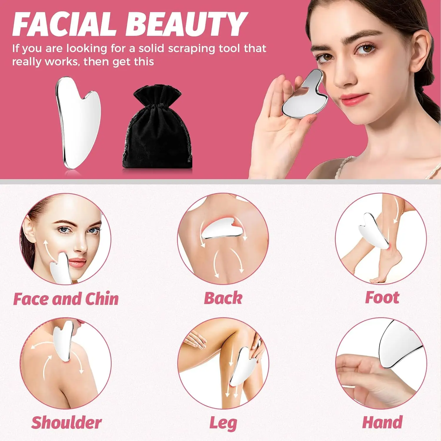 Aço inoxidável Facial Gua Sha Ferramentas, Ferramenta de Massagem Raspagem, Spa Therapy para Rosto Gua Sha, SUS304