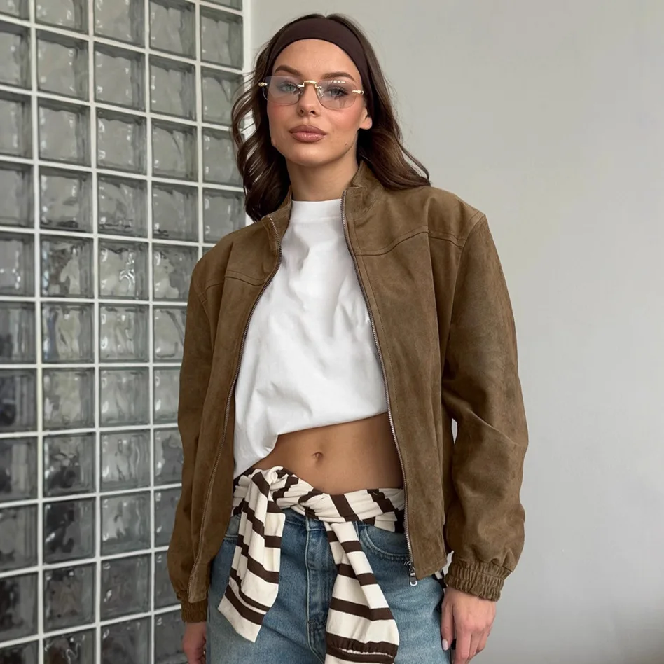 

Women's High-End Khaki Suede Jacket Autumn Winter Stylish Retro Streetwear Warm European American Design