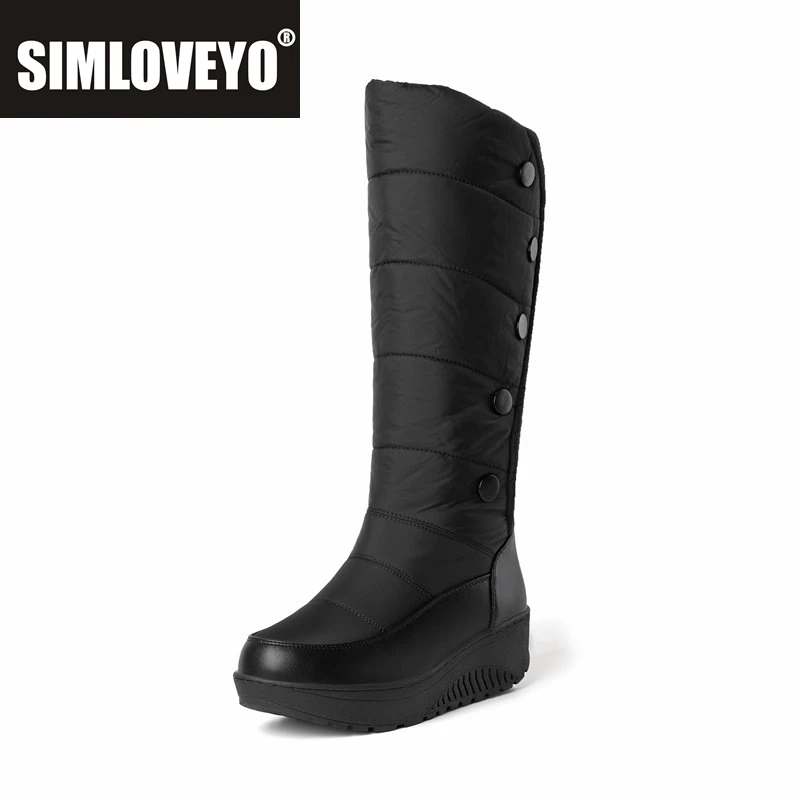 SIMLOVEYO Женские зимние теплые ботинки с круглым носком на блочном каблуке 4,5 см, водонепроницаемые сапоги до колена без шнуровки на пуговицах, повседневные большие размеры 43 44