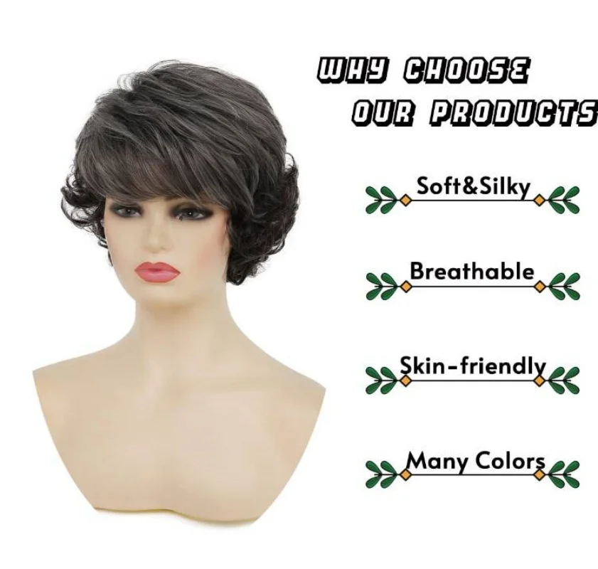 Sallcks Short Curly Grey Wigs for Women Soft Synthetic Heat Resistant Hair Replacement Full Wigs for Daily Party Use