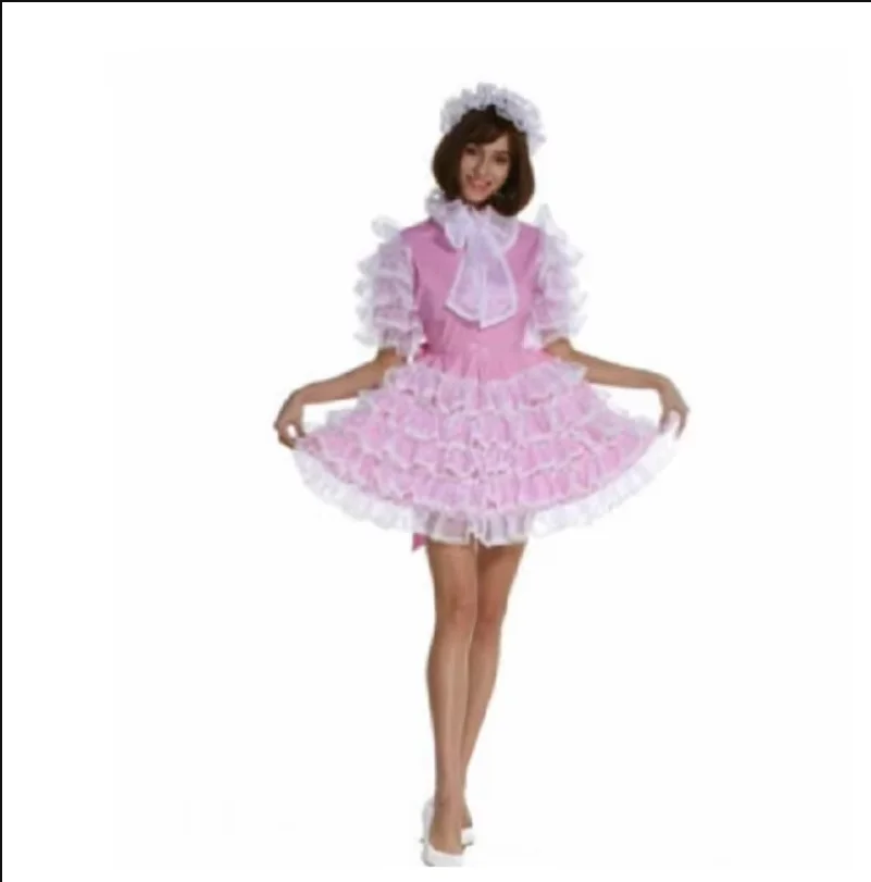 Gothic Pink Sissy Girl PVC Lace Bow Mid Neck Cake Skirt Lockable Dress Customization