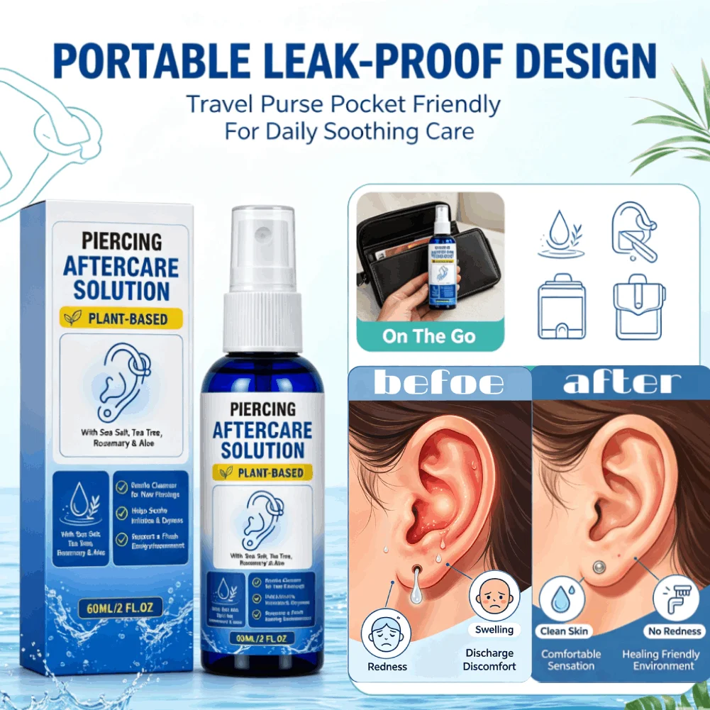 Piercing Aftercare Solution Fine Mist Spray Sea Salt Gentle Cleansing Anti-Inflammatory Portable for Ear Nose Body Piercing Care
