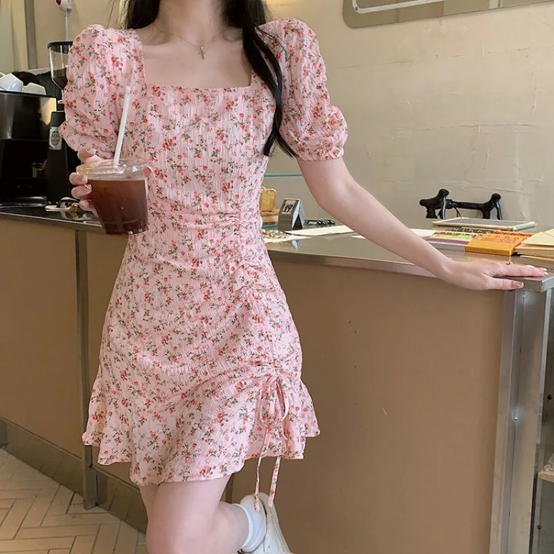 

Summer Dress Women 2023 Fresh Sweet Flower Print Short Dresses Female Korean Style Elegant Square Collar Party Vestidos Fashion