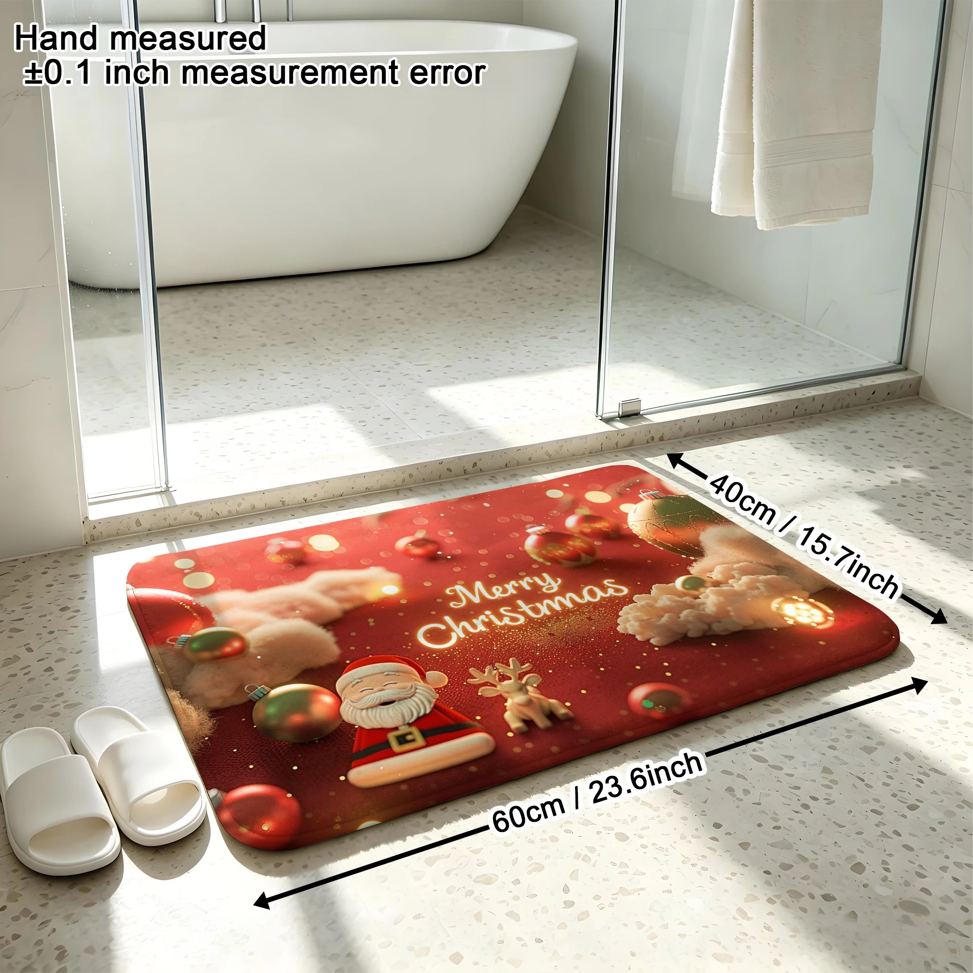3D Santa Reindeer Christmas Ball Print Plush Absorbent Sponge Mat,Bathroom Non‑Slip Mat & Decorative Door Mat