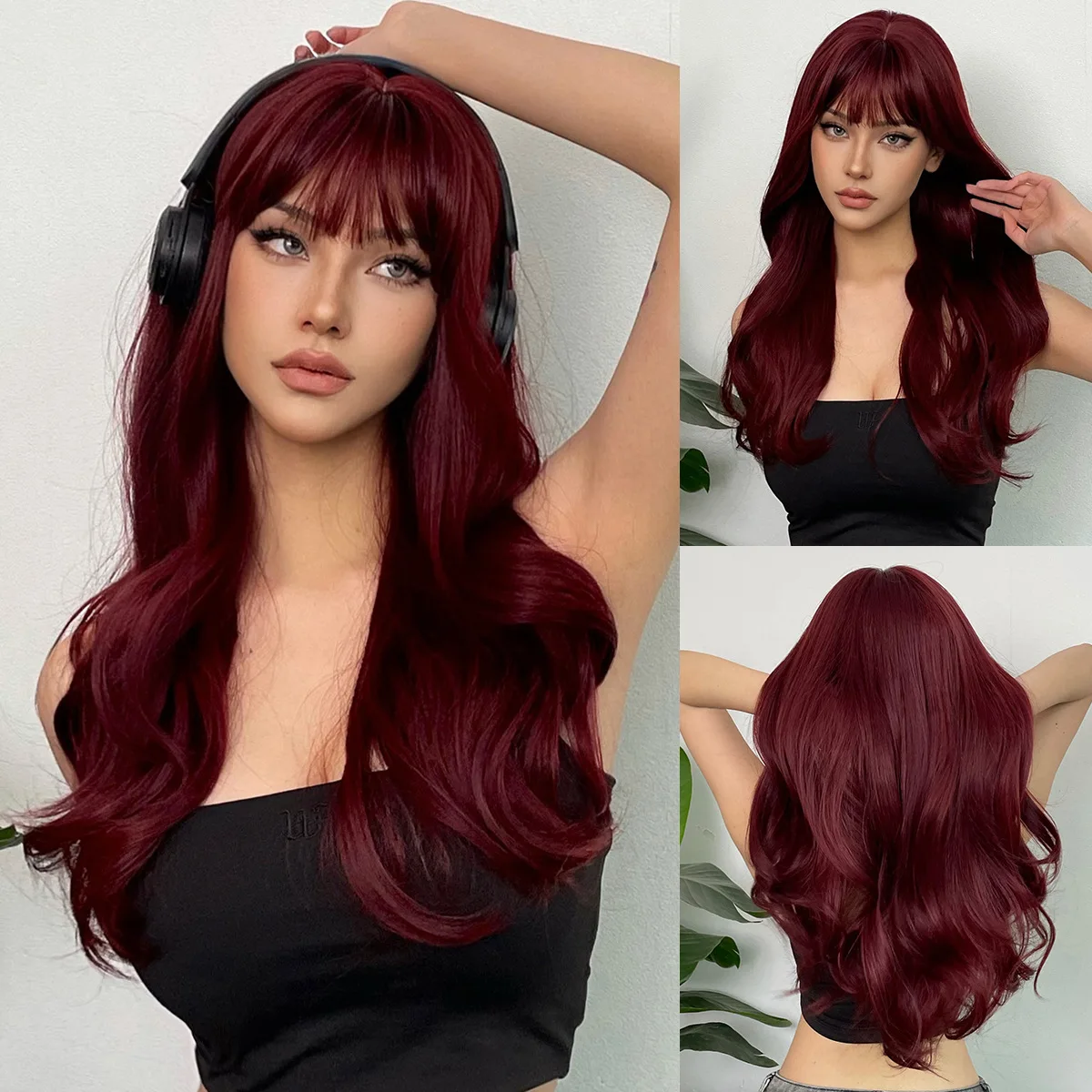 

New wine red synthetic wig with bangs big waves long curly hair daily holiday wig high temperature silk full head cover