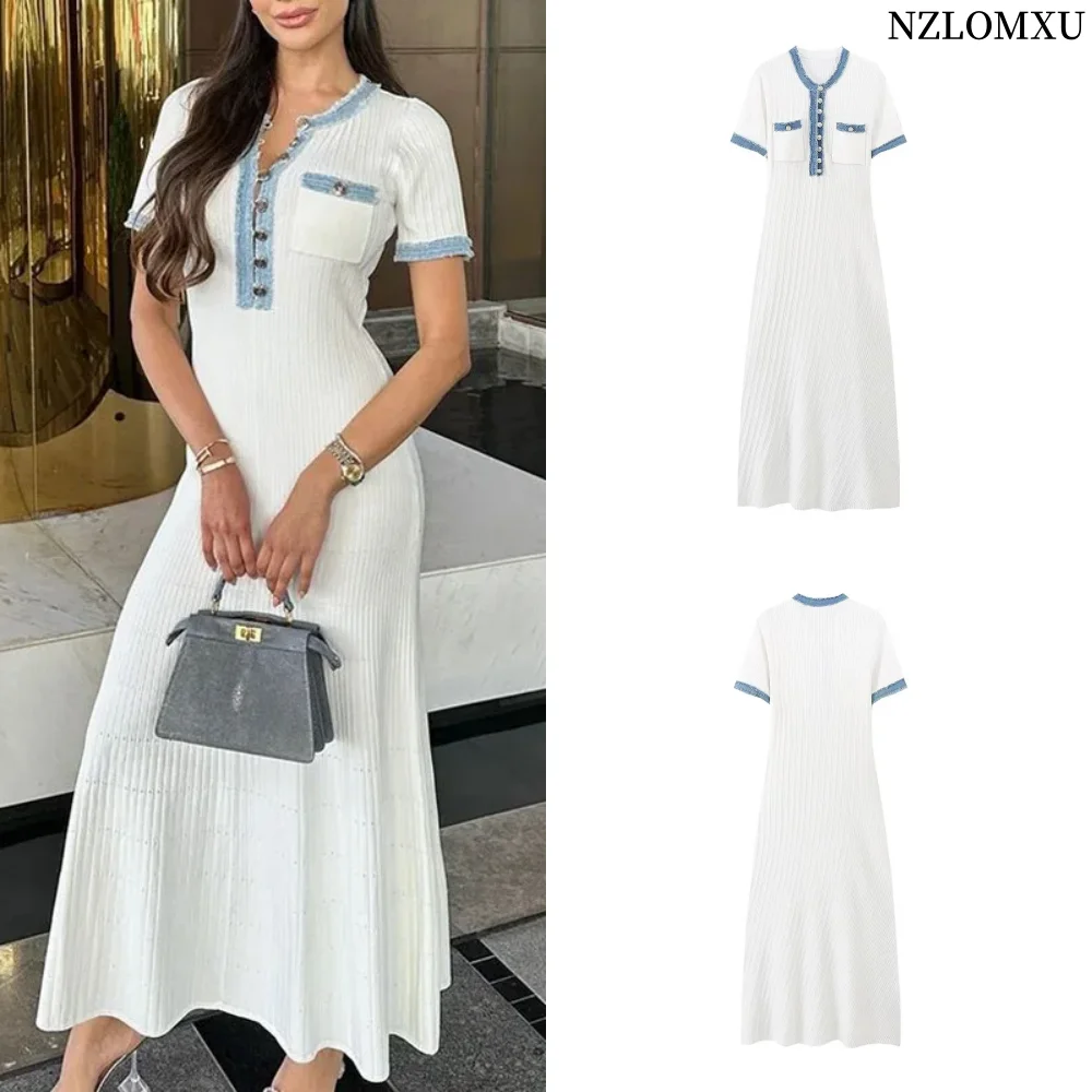 

Womens Knitted Dresses Autumn Denim Short-Sleeved Dress Woman Bodycon Elegant Party Dresses Casual Button Maxi Dress