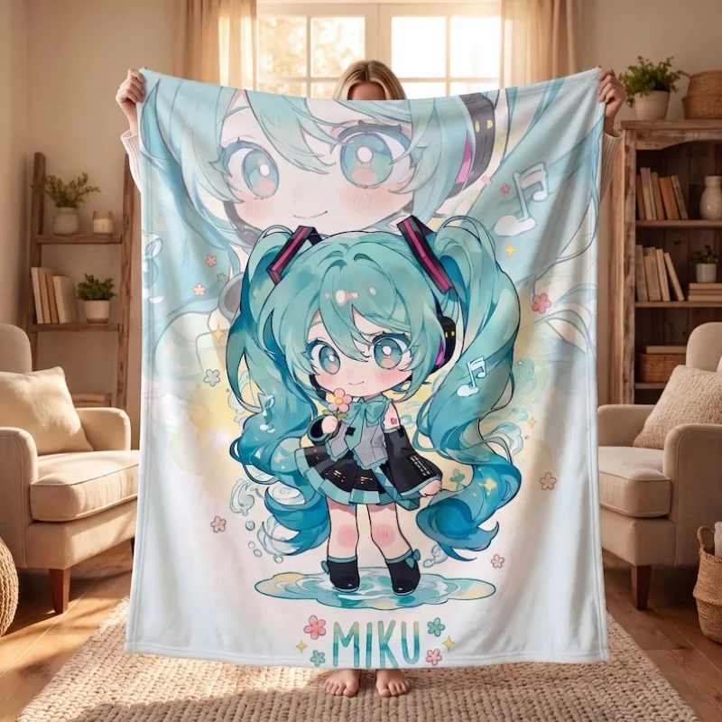 2026Hatsune Miku Chibi Style Flannel Throw Blanket Bedroom Decor Kawaii Anime Nap Blanket Air Conditioner Throw Sofa Throw Cover