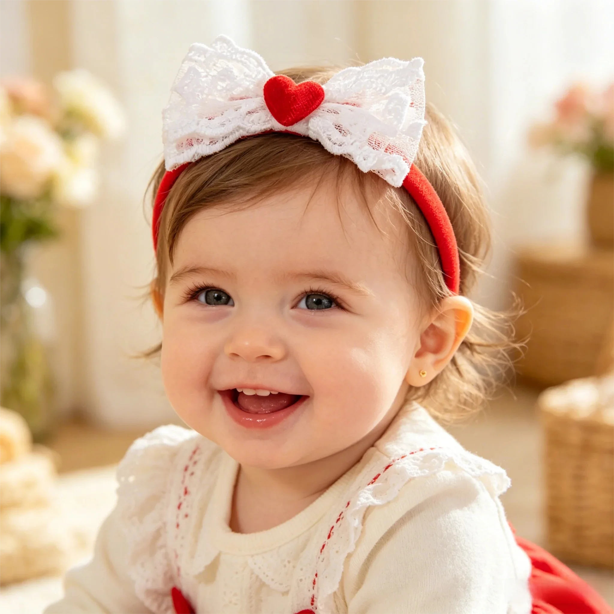 Baby Girls Red Heart Lace Bow Headband Elastic Soft Newborn Toddler Hairband Cute Beautiful Hair Accessories For Infant Kids