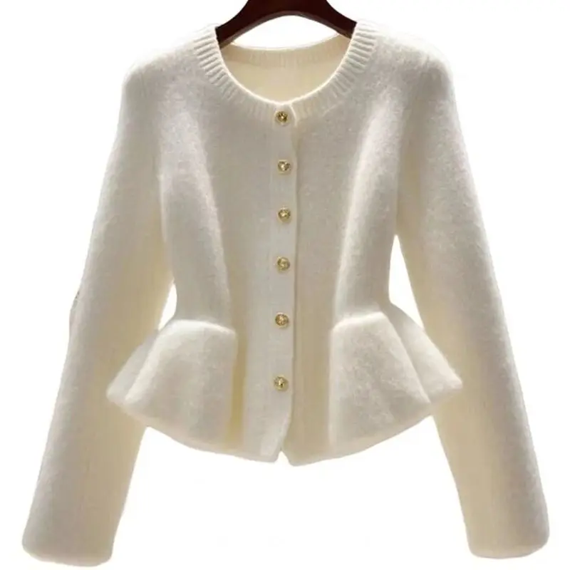 الراقية أنيقة سترة بيضاء معطف المرأة الخريف الشتاء تصميم الخصر النحيف كشكش سترة متماسكة الحلو س الرقبة الصوف تريكو أساسيات #6