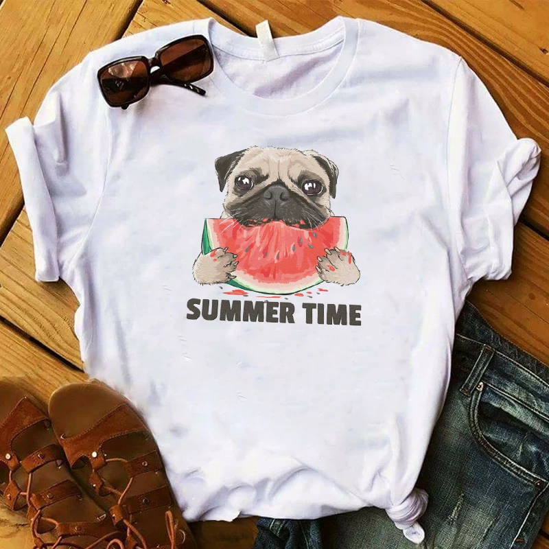 

Fashion Women T Womens Watermelon Dog Pug Summer Time Cartoon Graphic Top Tshirt Nice Tee Shirt Femme Ladies Pretty T-shirt