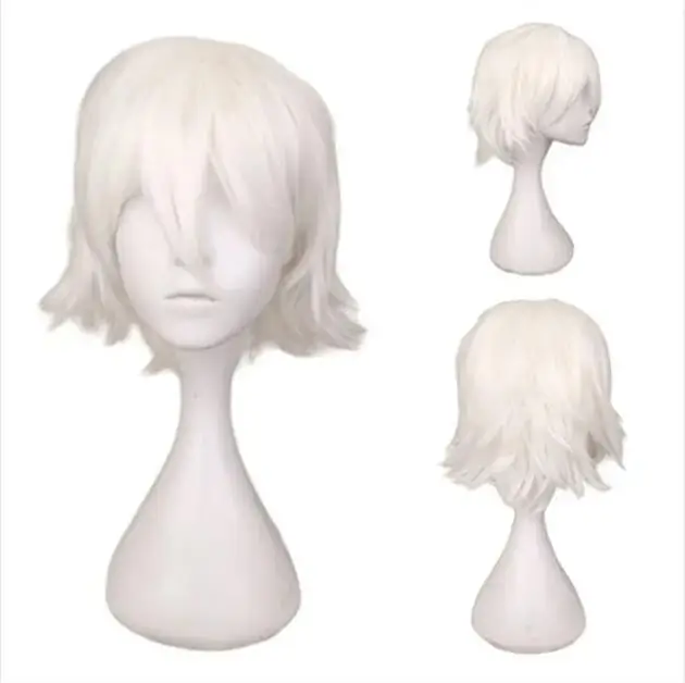 Peluca de pelo corto para hombre, pelo sintético con flequillo, color negro, Blanco, Morado, Rubio, rojo, Cosplay, disfraz de Anime, Halloween