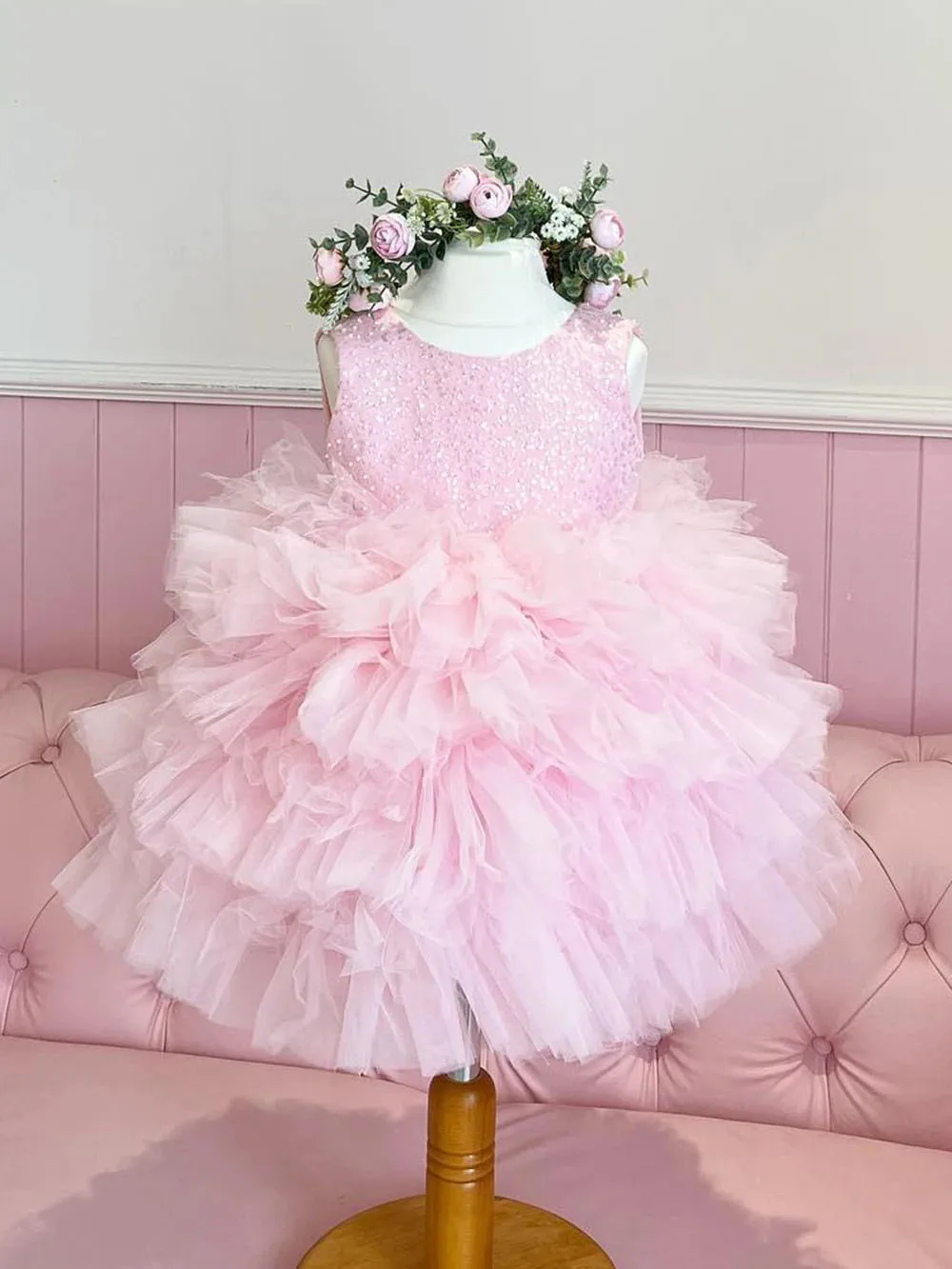 Vestido de lentejuelas en capas de tul rosa para niña, vestido sin mangas de flores para boda, fiesta de cumpleaños para niños encantadores, vestidos de baile de primera comunión