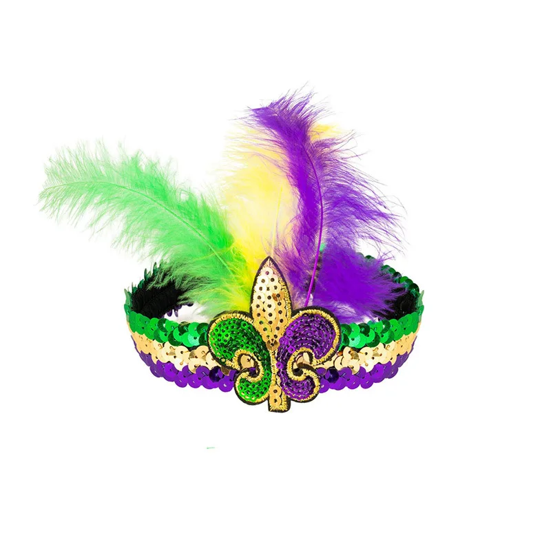 Mardi Gras Sequin Headband for Orleans Masquerade Mask Party Faux Feather Fascinators Feather Headband Cocktail Headwear