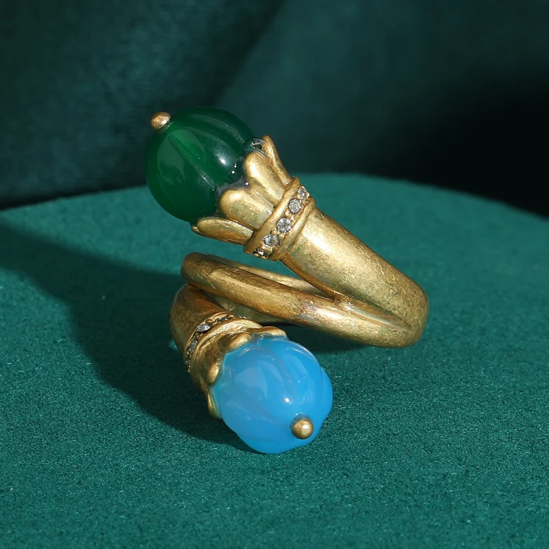 Vintage Artistic Natural Stone Decorative Ring | 18K Gold-Plated & Copper | Irregular Organic Shape Design