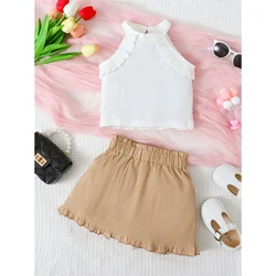 2PCS Summer Toddler Girl Clothes Set Sleeveless Off Shoulder Top+Skirt Fashion Korean Style Daily Dress For Kids Girl 1-3 Years