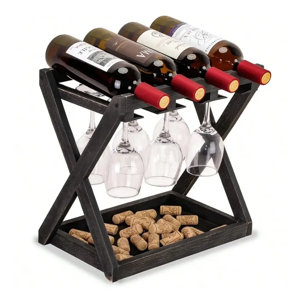 

Деревянная подставка для вина в деревенском стиле на 4 бутылки и 6 бокалов, настольная винная полка с держателем для бокалов, декор для столовой и бара NTA