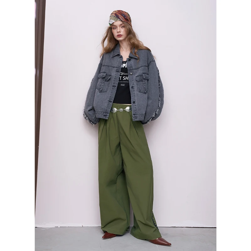 ELFSACK 2025 Summer New Arrival Basic Luźne, jednolite, marszczone, proste, długie spodnie dla kobiet