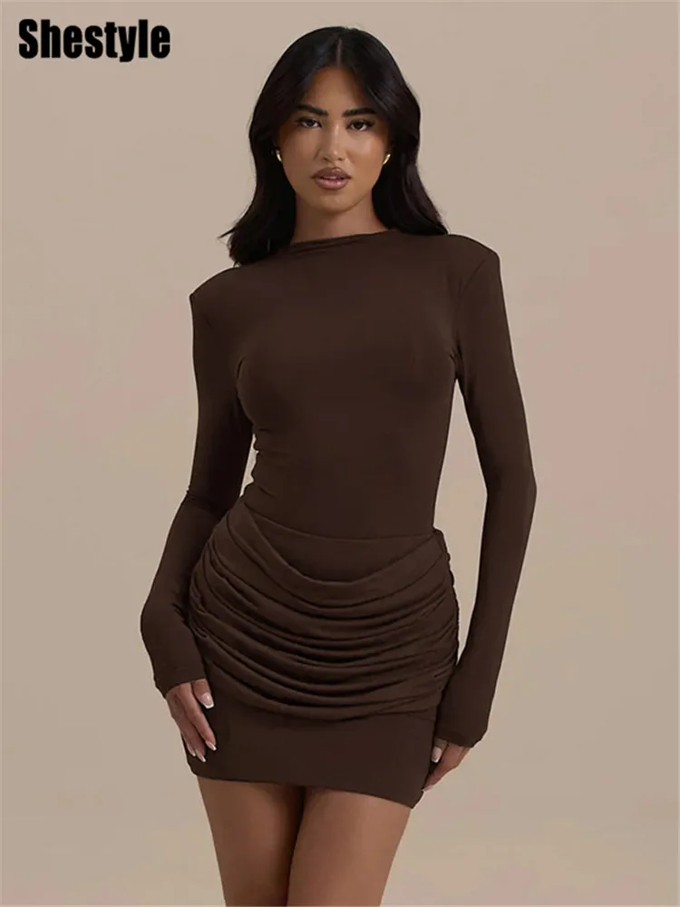 

Shestyle Women Elegant Drap Dress Slim Sheath Brown Ruched Long Sleeve Solid Double Layered Party Outfits Stunning Pullover