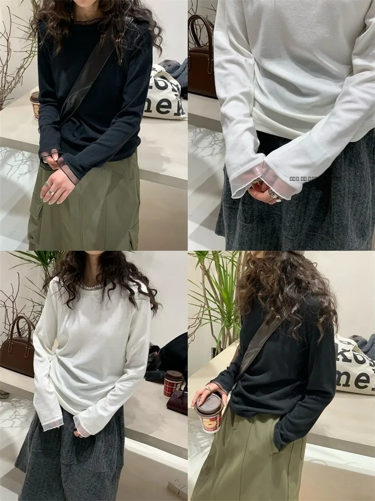 

Feita Casual Long Sve Fce T-irt Women's Lightweight Breathable Elastic oulder Net Splicing Slimming Inner Wear Top