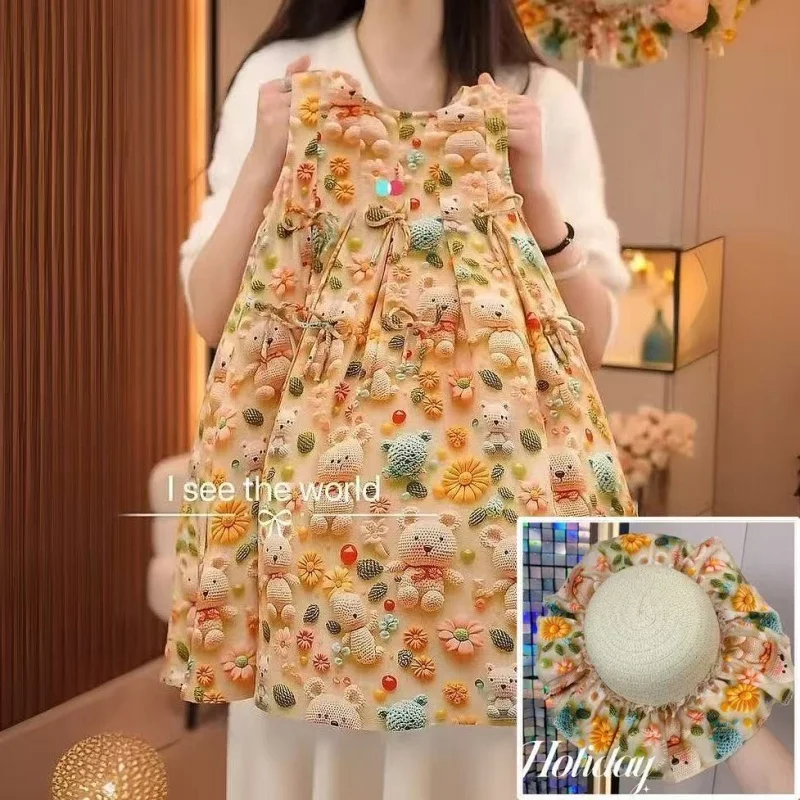 فستان صيفي للفتيات سترة مطبوعة ثلاثية الأبعاد فستان موضة جديدة للأطفال لعام 2025، مناسب للأعمار من 7 إلى 14 عامًا