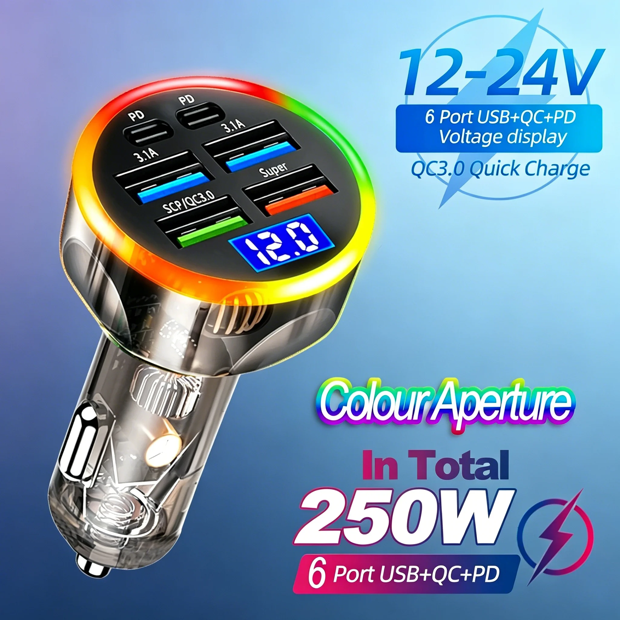 Carregador de Carro Multiportas 250W com LED, Adaptador de Carregamento Rápido PD & QC3.0 para iPhone, Samsung, Xiaomi