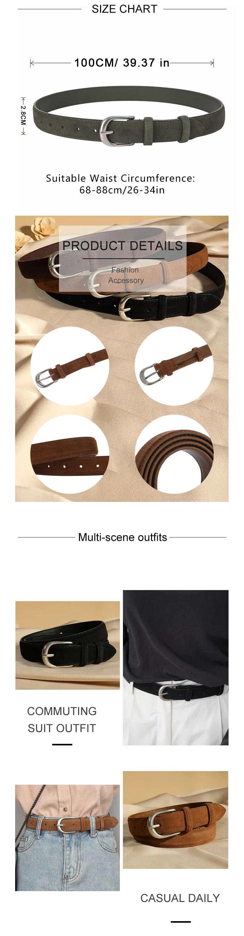 Lässiger Gürtel aus echtem Leder, Wildleder-Rindsledergürtel für Damen, breiter, eleganter Gürtel für Kleider und Jeans, Silberne Schnalle – Detail 2