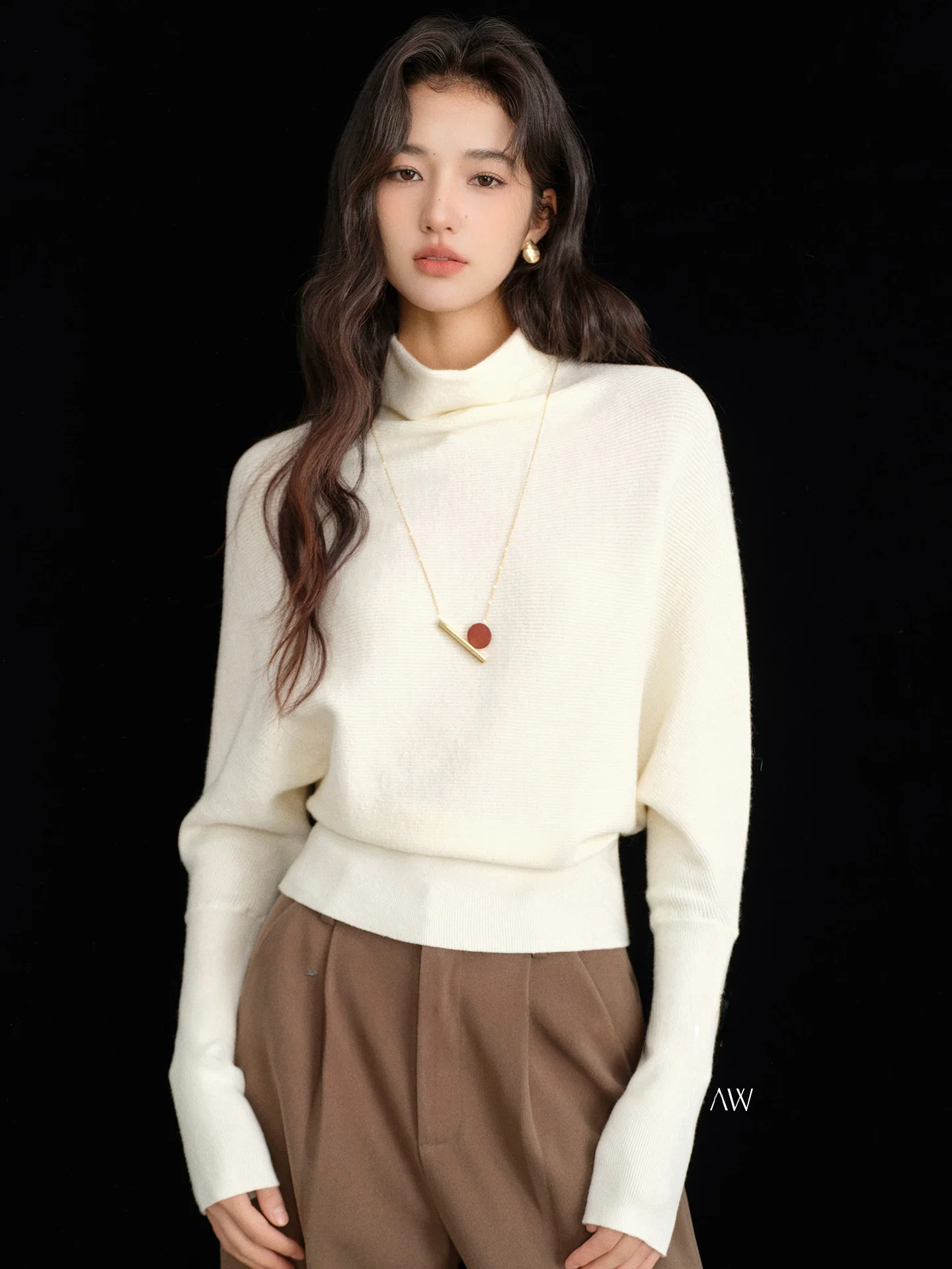 

Белый вязаный свитер с рукавами «летучая мышь» для женщин, повседневный свободный крой, с завышенной талией, высокий воротник, весенний топ от bunny