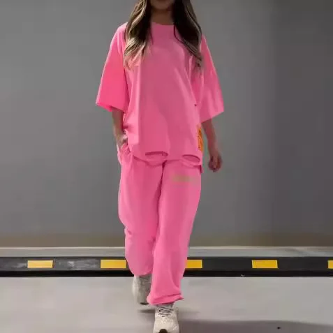 

Летняя новая модная футболка с круглым вырезом, женская футболка из 2 предметов, однотонный повседневный свободный спортивный костюм, брюки, карманный женский костюм