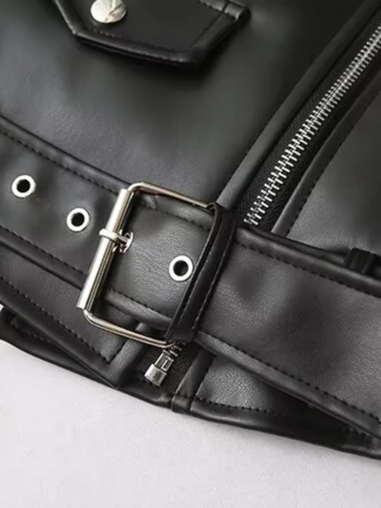 DiYiG  WOMAN  2024 Autumn New Fashion Lazy Style with Belt Imitation Leather Biker Top Chic Lapel Zipper Jacket Outerwear Mujer