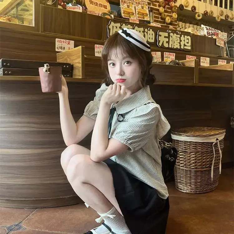 College Style Striped Short-Sleeved Shirt Women Summer New Sweet Versatile Short Shirt Niche Design Top